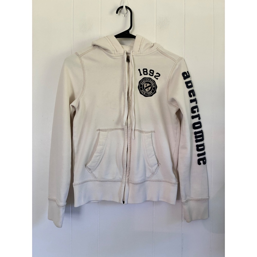 Abercrombie & Fitch Women Cream Full Zip Hoodie Logo Sleeve Vintage 1892 Large